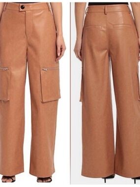 NWT Avec Les Filles High Rise Vegan Leather Wide Leg Cargo Pants Women Sz M